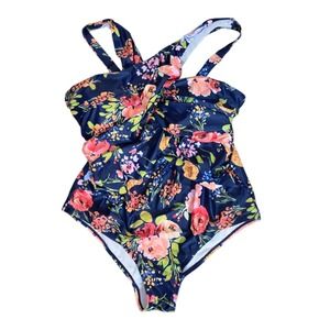 Meet Curve Floral Padded Pleated Slimming Women's Swim One Piece Swimsuit Size L